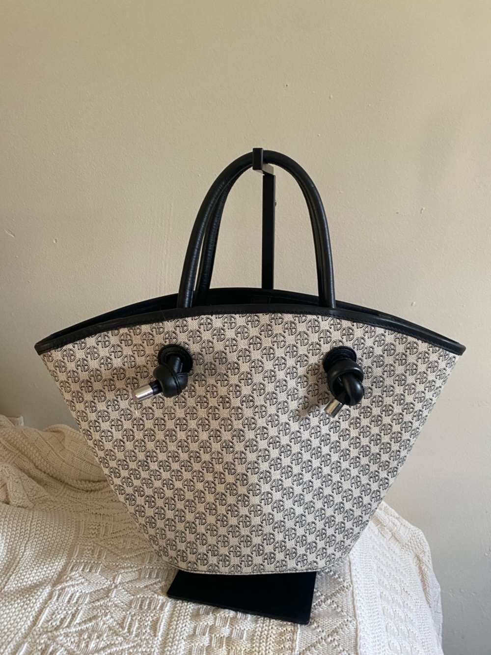 Anine Bing Mini Taylin Tote Monogram Bag with Leather Trim